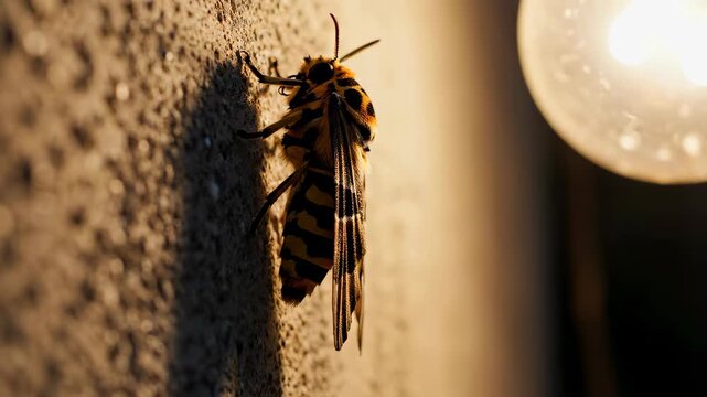 Moth clings to textured surface while illuminated by warm light. Low light setting adds depth to details on moth's wings. Concept of nature, entomology, night photography