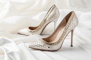 High Heeled Shoes on a White Fabric Background in the Studio