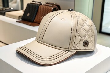 Leather Cap Displayed in Store With Bags in the Background