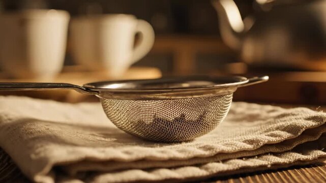 Metal strainer rests on light cloth while cups are arranged in background. Scene captures kitchen activity focused on brewing beverages. Concept of coffee shop, culinary arts, kitchenware