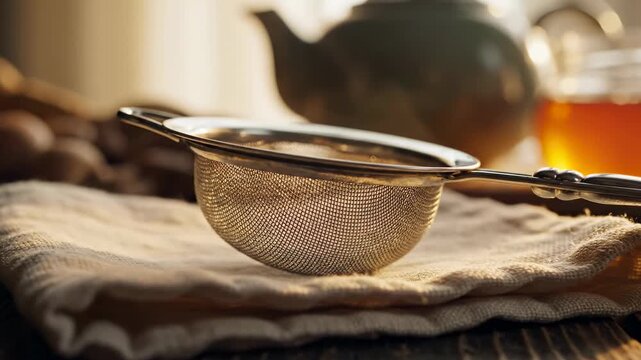 Metal strainer rests on clean cloth. Warm light creates soft glow with teapot in background. Ideal concept for food preparation, culinary arts, kitchen supplies