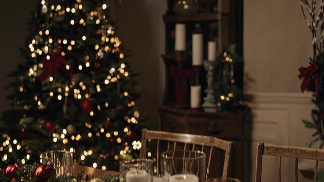 Candles flicker amidst a festive arrangement of pine branches and red berries on a wooden dining table. a basket of fresh bread complements the cozy christmas atmosphere, ideal for holiday gatherings 