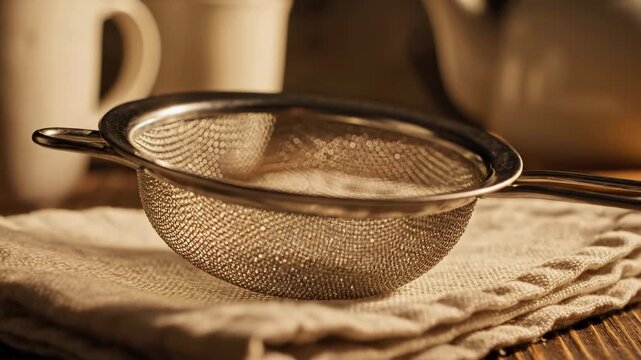 Metal strainer rests on cloth showing intricate mesh details. Warm kitchen setting with soft light highlights kitchen tools. Concept of cooking, culinary arts, home kitchen