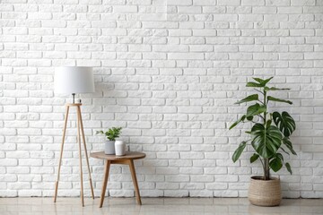 Simple Room Setup With Light, Plants, and White Brick Wall in Home Space