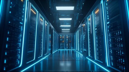 Futuristic data center corridor with glowing blue server racks and reflective floor representing cloud computing and cybersecurity - Powered by Adobe