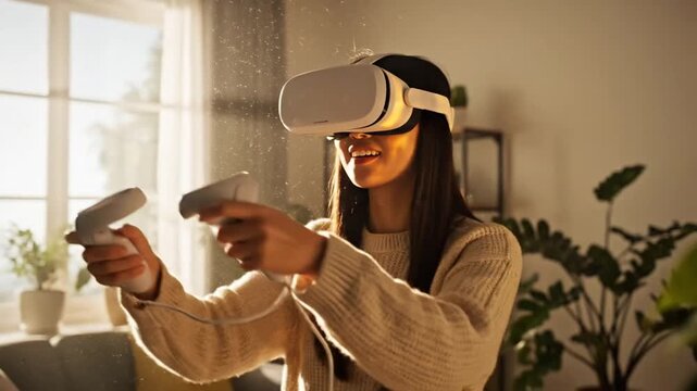 Woman enjoying virtual reality experience with VR headset and controllers in a bright room.