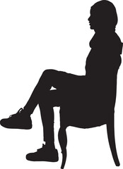 vector,side view of a silhouette of a woman sitting on chair with her head covered and casual clothes,cross legged
