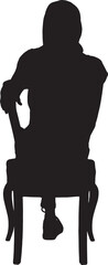 vector,back view of a silhouette of a woman sitting on chair with her head covered and casual clothes,cross legged