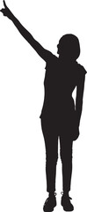 vector,side view of a silhouette of a woman standing  with her head covered and casual clothes, pointing up