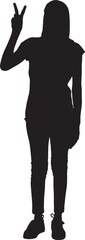 vector,front view of a silhouette of a woman standing  with her head covered and casual clothes, showing victory sign
