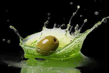 Olive Drops Into Green Liquid Creating Splash on Dark Background