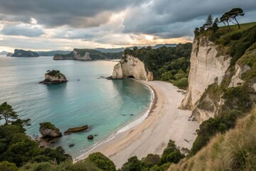 View of Coastal Cliffs and Beach During Sunset in a Natural Landscape