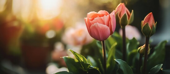 Pink tulips bloom in garden sunset. Spring floral background