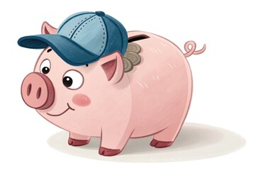 Piggy Bank Wearing a Blue Cap Stands on a Flat Surface in a Simple Style