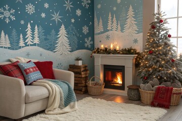 Cozy Winter Scene With Christmas Tree and Decorated Fireplace in Living Room