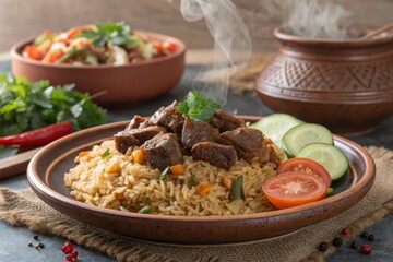 Food Dish With Rice and Meat Served on a Plate With Vegetables and Herbs
