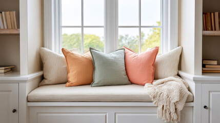 Cozy living room window seat with cushions and storage design inspiration