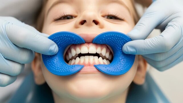 Child dental checkup: dentist using oral retractor for examination and teeth cleaning preparation