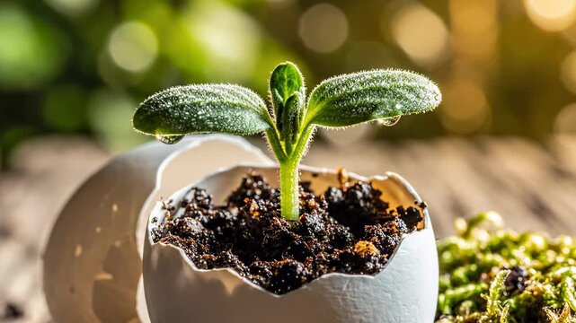 Seedling sprouts from eggshell on wooden table. Warm light highlights fresh soil and plant growth. Concept of gardening, home decoration, sustainable living