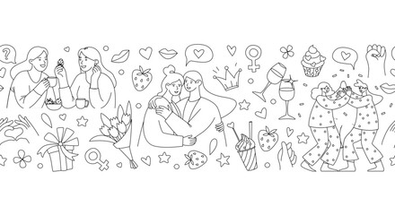 Galentines Day Seamless Border Frame Pattern, Women Friendship Line Art Vector Illustration