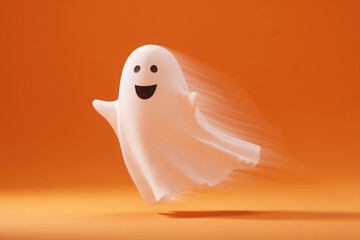 background banner, gift certificate for Halloween. Cartoon ghost in motion on vibrant orange background with space for text