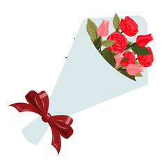 A bouquet of bright red and dusty pink roses wrapped in wrapping paper with a red ribbon bow. Vector illustration isolated on a white background.