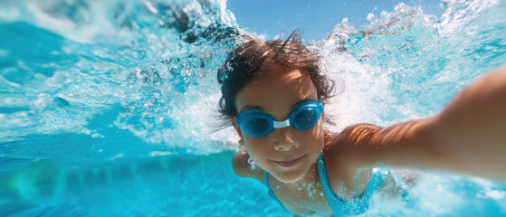 summer water park background banner. Child swims underwater with goggles, enjoying a sunny day in a clear pool, capturing the essence of summer fun
