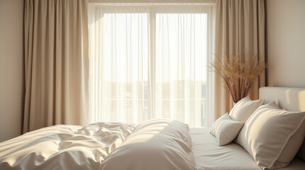 Luxury off white curtains in a modern bedroom. Soft natural lighting, minimalist decor and calm neutral tones create a refined contemporary interior atmosphere