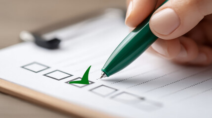 Marking checkbox on spreadsheet with green pen for professional evaluation