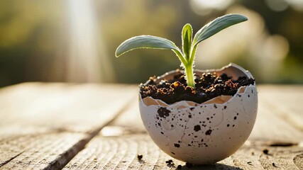 Seedling emerges from cracked eggshell pot on wooden surface. Bright sunlight highlights growth. Concept of gardening, plant care, sustainability