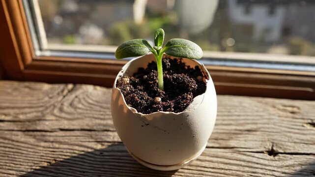 Plant grows in cracked eggshell on wooden table. Bright sunlight shines through window highlighting fresh green leaves. Concept of gardening, home decor, eco-friendly design