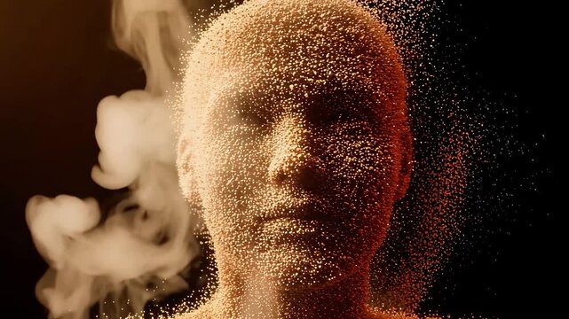Human head consisting of dissolving sand particles and smoke on deep black background, surreal image represents fragility of existence and digital decay. Fragile atmosphere of personal loss