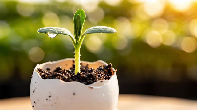 Seedling sprout emerges from cracked eggshell filled with soil. Close-up setting captures natural light and green background. Concept of gardening, sustainability, eco-friendly practices
