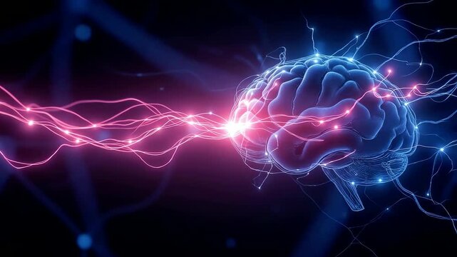 Human brain with bright glowing neural connections and powerful electrical discharges, visualization conveys intense thinking process or spark of genius idea. Concept of human intelligence