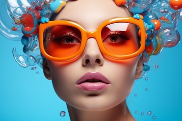 Fototapeta premium Fashionable woman posing in orange glasses with vibrant abstract water elements around her head