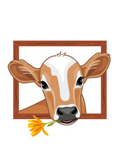Cute peeking calf in wooden frame