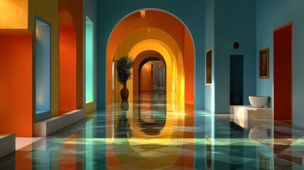 Vibrant architectural interior with colorful arches and reflections