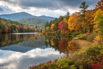 Autumn Landscape With Colorful Trees and Calm Lake at Sunset
