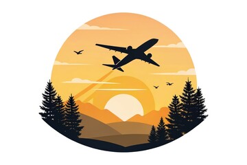 Sunset Scene With Airplane in Sky Over Mountains and Trees