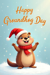 Smiling groundhog wearing a red hat and scarf stands on snow with festive winter background and greeting text, soft light and seasonal holiday atmosphere