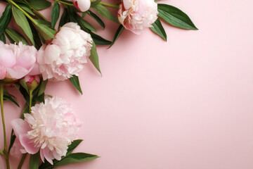 Flat lay of peonies on light pink background showcasing floral design inspiration for elegant aesthetics. spring background, summer, banner copy space. mother's day, international women's day