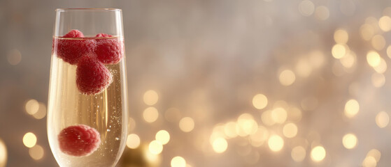 Champagne glass with fresh raspberries floating in soft golden light creating a warm and inviting atmosphere