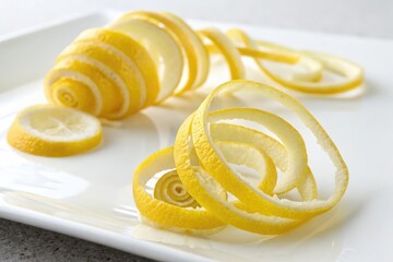 Lemon Peels Spiral on a White Plate With Slices Beside Them