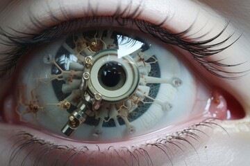 Human eye featuring an advanced bionic implant and integrated neural connections
