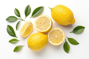 Fresh Lemons and Green Leaves Arranged on a White Background