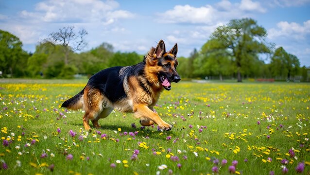 Happy dog running energetically through a sunlit park, paws lifted mid-stride and fur catching the warm light.Concept of joy, outdoor freedom, playful motion, natural vibrance, and lively pet energy.