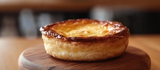 Golden custard tart on wood, cafe background, dessert