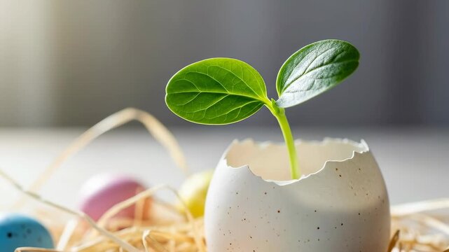 Plant sprouts from eggshell on straw with pastel colored easter eggs around. Soft light creates warm atmosphere. Concept of gardening, springtime, holiday celebrations