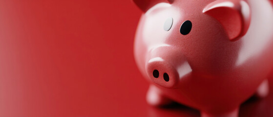 Bright red piggy bank sits prominently on a vibrant red background, symbolizing savings and financial goals. banner, background, place for text, copy space. bank advertising, loan, money storage on de