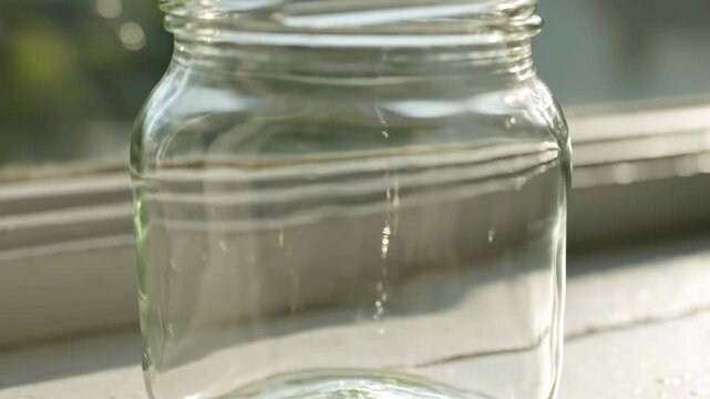 Glass jar placed on window sill with sunlight reflecting off its clear surface. Natural light adds warmth to room setting. Concept of home decor, kitchen organization, storage solutions